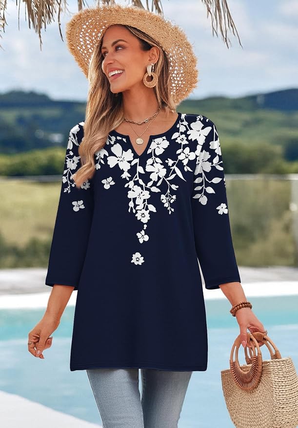 OFEEFAN Summer Boho Tops For Women 3/4 Length Sleeve Womens Tops Vacation Outfits - Image 3