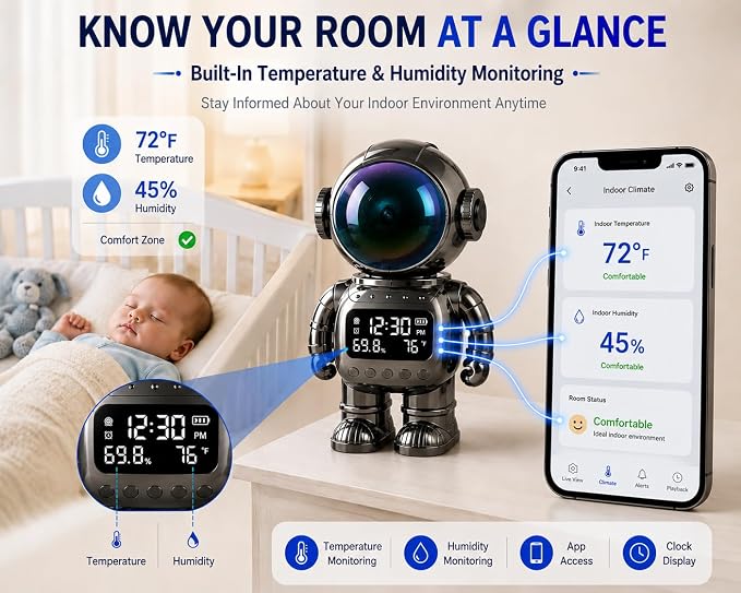 DYPCO Indoor Security Clock Camera with Temperature and Humidity Monitoring, Smart Clock Camera with Alarm Function, Real-Time Alerts for Home Safety - Image 5