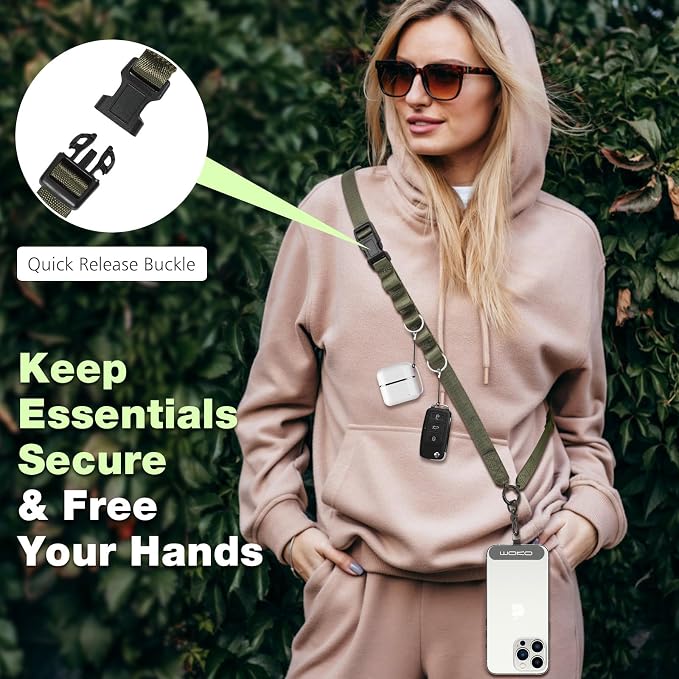 MoKo Universal Phone Lanyard, Nylon Adjustable Cell Phone Crossbody Strap Detachable Women & Men Cellphone Lanyards Around the Neck with Patches for iPhone, Most Smartphone, Army Green - Image 3
