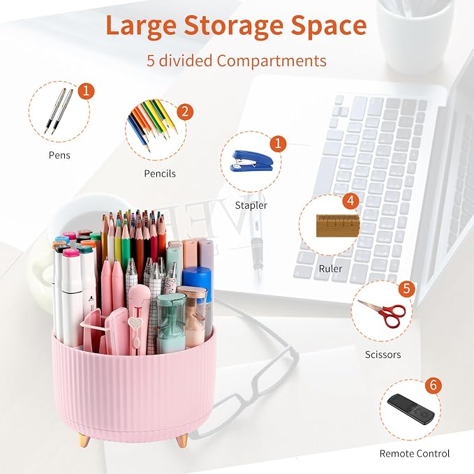 Desk Pencil Pen Holder, 5 Slots 360°Degree Rotating Organizers for Desk, Desktop Storage Stationery Supplies Organizer, Cute Cup Pot Office, School, Home, Art Supply, Pink - Image 3