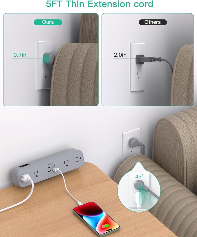 Mifaso PD30W Desk Clamp Power Strip, Surge Protector, Fast Charging Station | 4 Outlets, 4 USB (2 USBC), 5FT Extension Cord, Desk Organizer Gaming Accessories Home Office Essentials, Fits 1.96" Edge,Gray - Image 5
