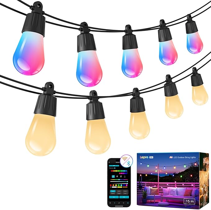 Lepro ZB1 AI Smart Outdoor String Lights, 54(42+12) ft RGB+IC+Warm White Outside Light with 15 Plastic LED Bulbs, Music Sync, Alexa Google Enable, 2.4 GHz WiFi+Bluetooth (APP Control, No Remote) by Lepro