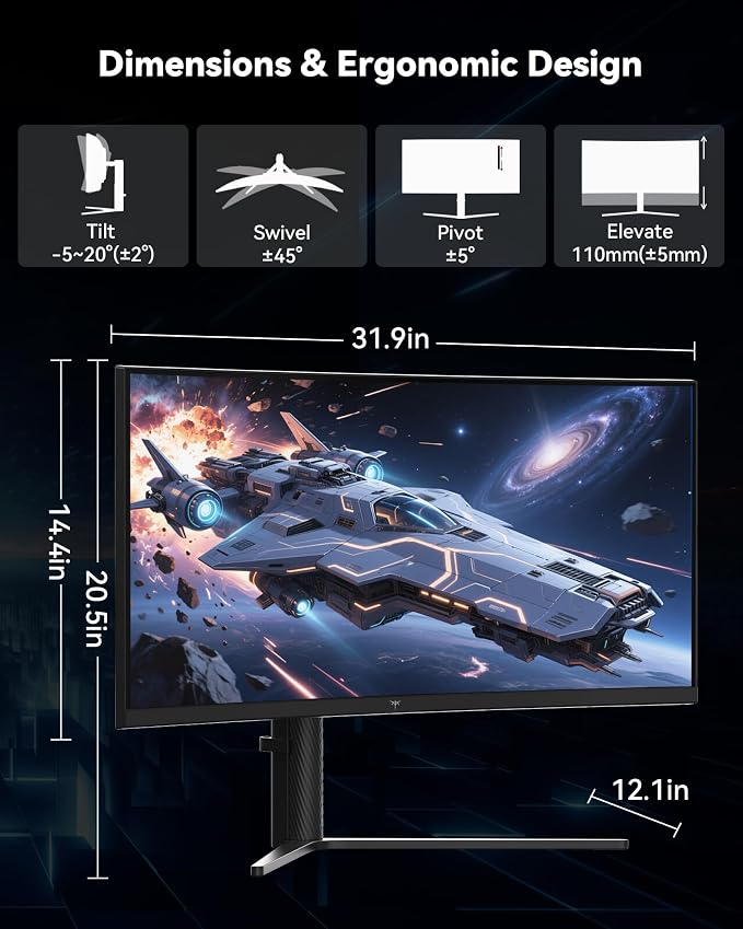 KTC 34 Inch Ultrawide Curved Gaming Monitor, 3440x1440 UWQHD 180Hz, H34S5 | 1500R Curve PC Monitor 21:9, Adaptive Sync, 1ms MPRT, 4000:1 Contrast, PIP/PBP, HDMI&DP, Tilt Swivel Pivot Height Adjustment - Image 9