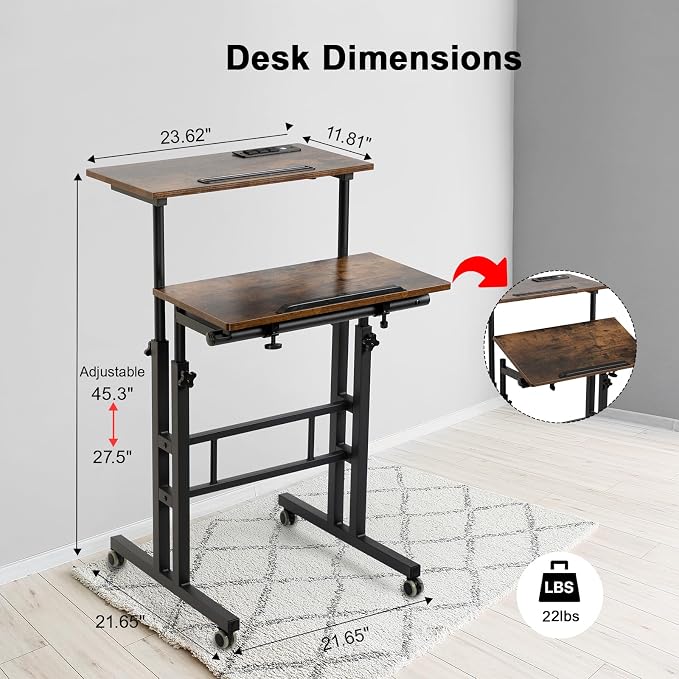 Hadulcet Mobile Standing Desk with Wheels, Rolling Desk Adjustable Height, Portable Laptop Table with Charging Station, Sit Stand up for Home Office, Study, Classroom, Rustic Brown - Image 8