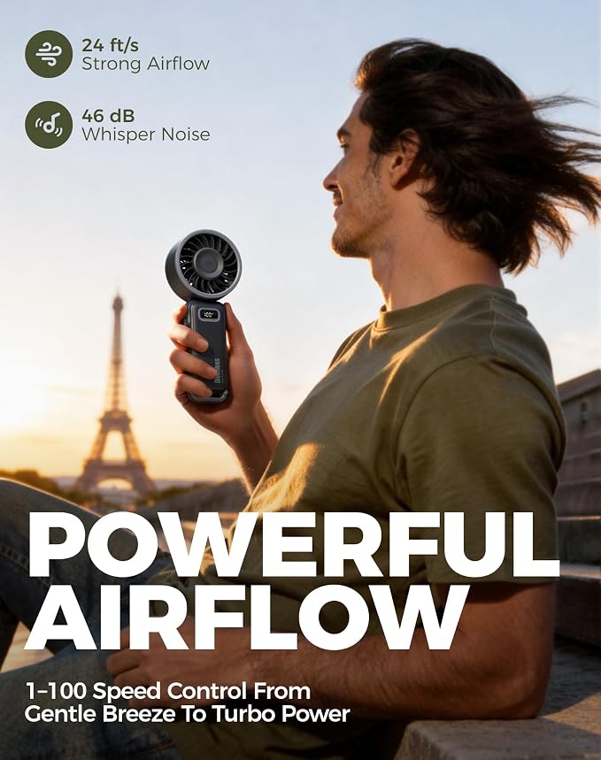 Diveblues Portable Turbo Fan, 100 Speed Handheld Fan with Strong Airflow, Foldable 4 in 1 Personal Fan for Neck, Desk & Travel, USB-C Rechargeable, Lightweight for Summer, Concerts & Outdoor Use - Image 2