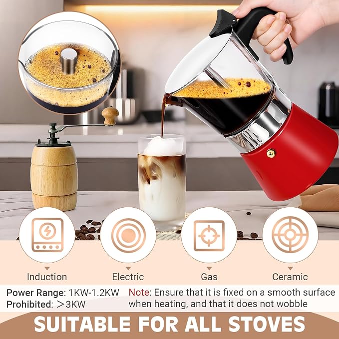 9 Cup 450ml Glass Moka Pot, Stovetop Espresso Maker, Red | Crystal Glass-top & Stainless Steel Coffee Maker, Induction Compatible, for Greca de Cafe, Cuban and Italian Coffee Brewing - Image 4