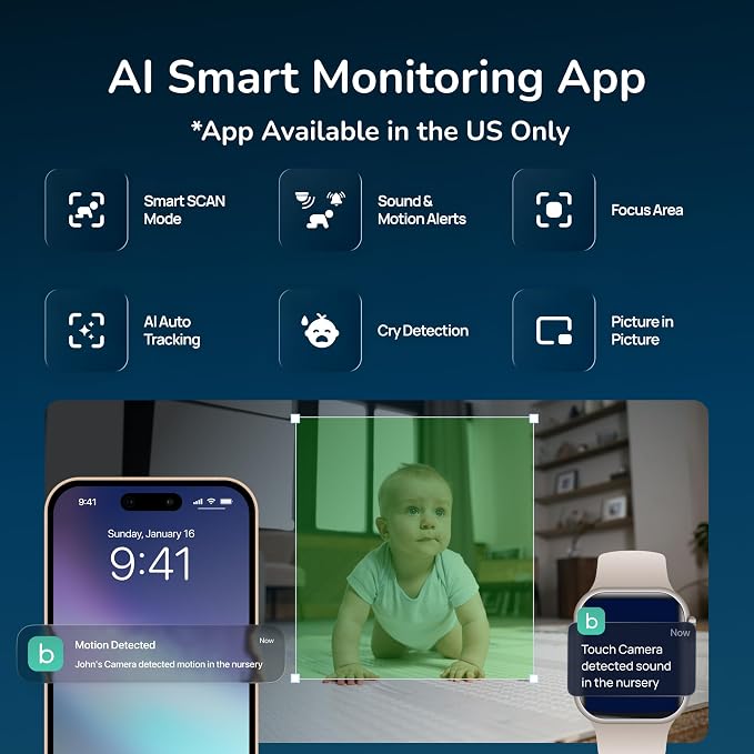 Babysense Touch 7" Touchscreen Smart WiFi Baby Monitor with App, Camera and Audio, Night Light, 4MP Dual-Lens with 6X Zoom, AI Auto Tracking, Focus Area, Split-Screen, VOX/ECO Mode, No Subscription - Image 3