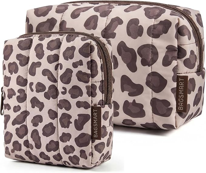 BAGSMART Puffy Travel Makeup Bag Duo Large & Small for Women, Leopard | Puffy Padded, Travel Cosmetic Organizer with Slip-in Pockets, Large Toiletry Bag & Small Purse Pouch, Travel Essentials by BAGSMART