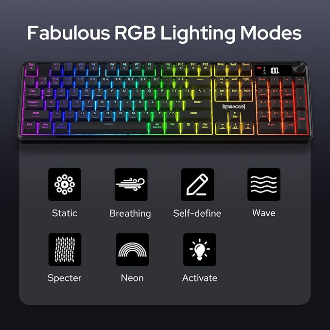 Redragon K526 PRO Wireless RGB Membrane Gaming Keyboard, LED Screen & Knob | See Battery, Mode & Time at a Glance, 0-Delay Tri-Mode, One-Touch Backlit & Media Adjust, 26-Key Anti-Ghost for Combo-Strike - Image 7