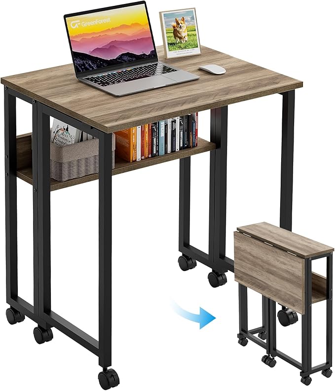 GreenForest Folding Desk with Wheels, 31.5" Rolling Table for Small Spaces | Storage Shelf, Lockable Casters, Compact Portable Workstation, Space-Saving Foldable Sofa Table, Home Office, Mobile, Grey by GreenForest