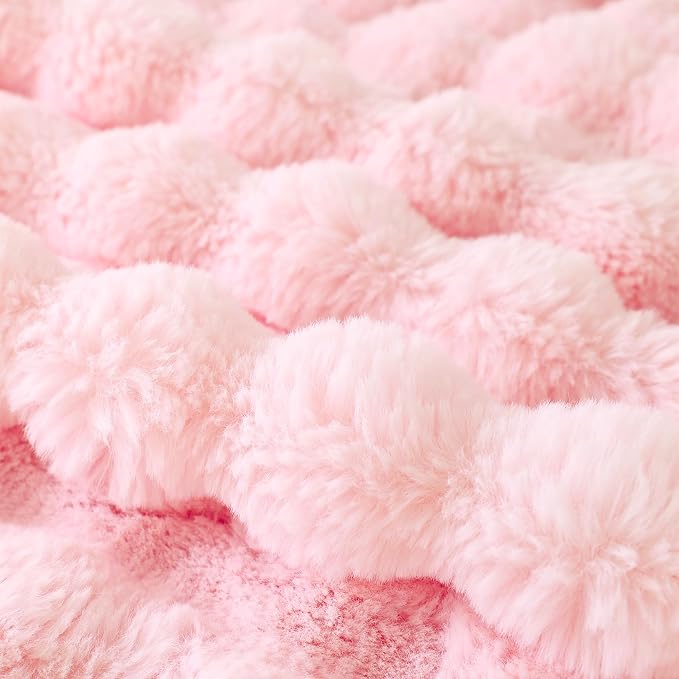 COOVA Faux Fur Throw Blanket for Couch, Cozy Soft and Fuzzy Plush Rabbit Fur Bubble Blanket for Sofa Bedroom Living Room, 60x80 Inches Light Pink - Image 5