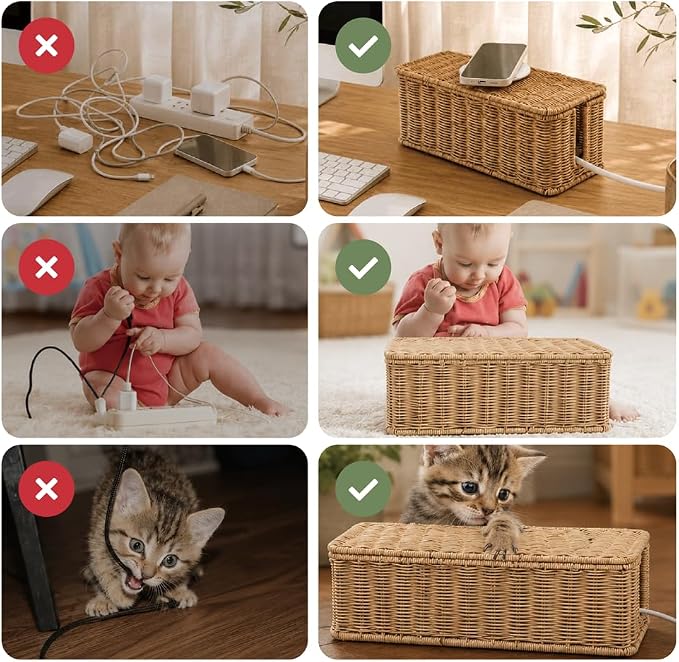 Cable Management Box, Handmade Rattan Cable Organizer with 2 Open Slots, Cord Hider for Power Strip, Router & USB Hub, Registered U.S. Design Patent (D1,112,102), 13" x 5.1" x 5.1", Natural - Image 8