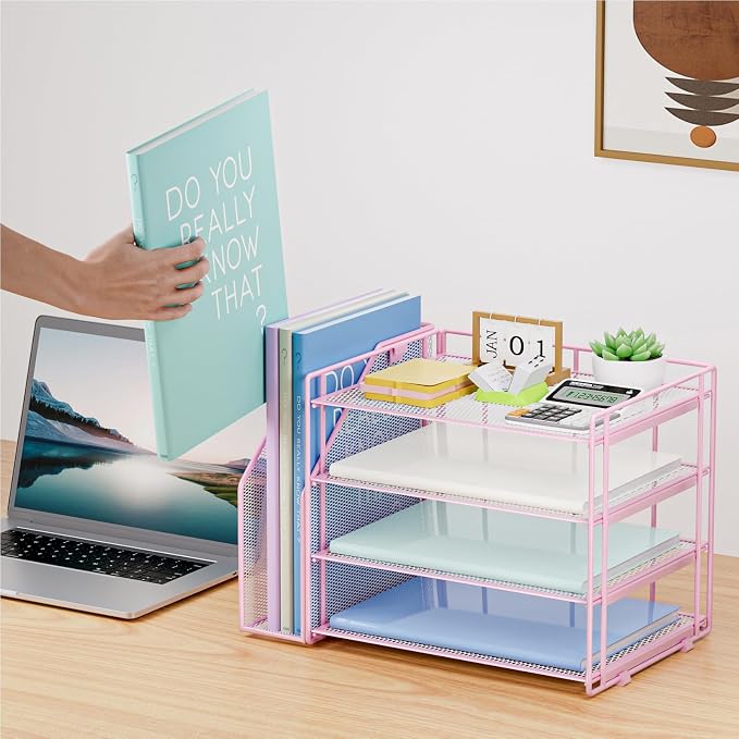 Marbrasse 4-Tier Paper Tray Organizer with File Holder, Pink | Sturdy Paper Tray, Built-in File Holder, fits Letters/Docs, Saves Desk Space, for School/Office/Home - Image 5