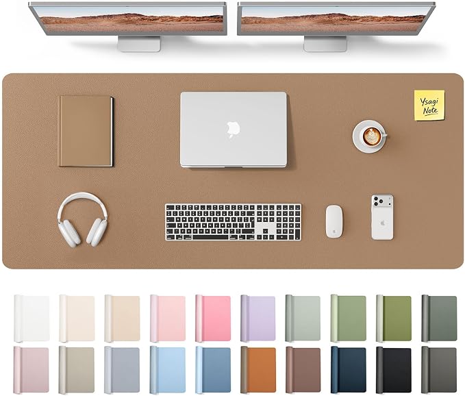 YSAGi Leather Desk Pad Protector, Office Desk Mat, Large Mouse Pad, Non-Slip PU Leather Desk Blotter, Laptop Desk Pad, Waterproof Desk Writing Pad for Office and Home (Khaki,55" x 17.2") by YSAGi