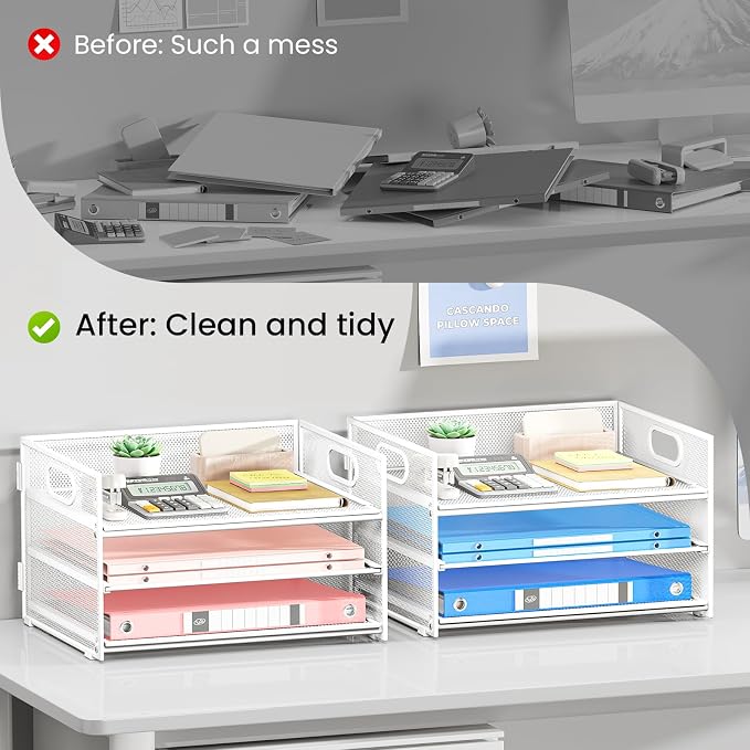 Subekyu 2-Pack 3-Tier White Metal Mesh Desk Paper Letter Tray & File Sorter Organizer with Handle + 1 Sliding Tray for Desk, Home, Office, School Supplies, A4 Paper and Accessories Storage - Image 2