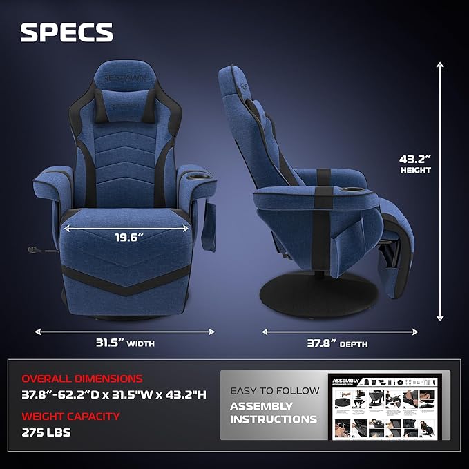 Respawn 900 Gaming Recliner Chair with Footrest, Cup Holder and Swivel | Ergonomic gaming recliner with footrest, cup holder, lumbar support, 135° recline & 360° swivel for console gaming - Image 2