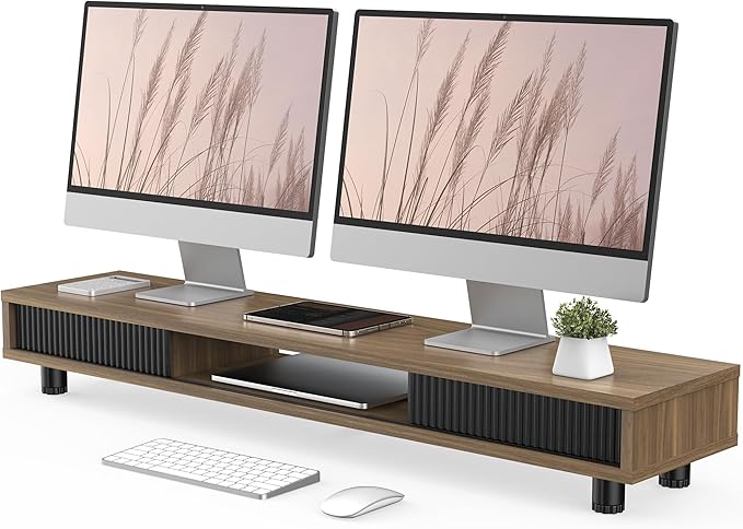 Fenge Dual Monitor Stand, 42.5inch Long Monitor Stands Riser for 2 Monitors, Glass Sliding Door with Storage Organizer Stand for Desk, 2 Tier Desk Shelf for Laptop, Pc, Printer, Computer, TV by Fenge