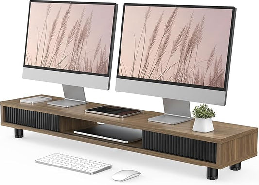 Fenge Dual Monitor Stand, 42.5inch Long Monitor Stands Riser for 2 Monitors, Glass Sliding Door with Storage Organizer Stand for Desk, 2 Tier Desk Shelf for Laptop, Pc, Printer, Computer, TV by Fenge