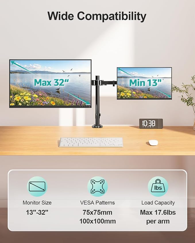 MOUNT PRO Dual Monitor Mount Fits 13-32 Inch/17.6lbs LCD Screen, Computer Monitor Desk Mount, Articulating Monitor Arm, Height Adjustable Display Stand for 2 Monitors, VESA Mount 75x75/100x100mm - Image 2