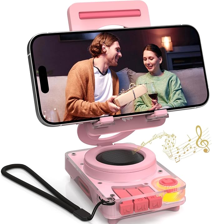 ANCwear Bluetooth Speaker Phone Stand for Desk, Portable Wireless Speaker with Adjustable Cell Phone Holder, Bluetooth 5.4 Audio Stand with TF Card Slot for Kitchen Bedside, Cool Tech Gift (Pink) by ANCwear