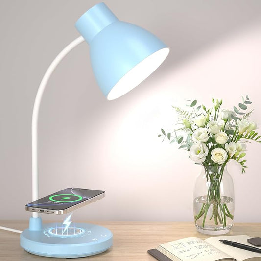 LED Desk Lamp for Home Office with Wireless Charger, Blue | 3 Color Modes Dimmable Eye-Caring Study Reading Dorm Desk Lamp, 360° Flexible Arm Table Lamp for College Dorm Room, 800 Lumen by Vicsoon