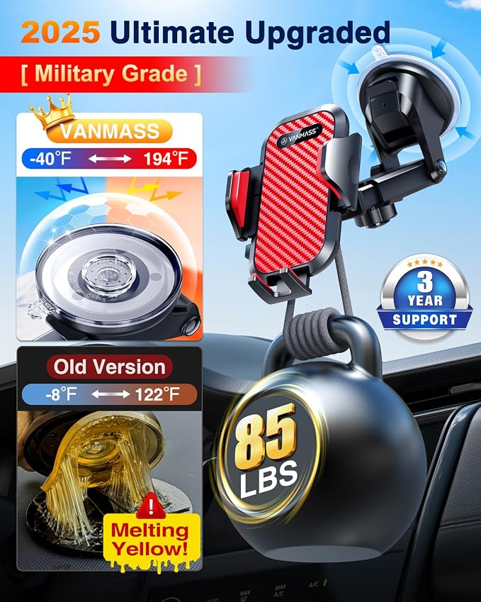 VANMASS Phone Holders for Your Car 2026 Ultimate Phone Mount Military-Grade Windshield Dashboard Vent【Newest Best Strongest】 Cell Phone Car Mount for iPhone 16 Pro Max 15 Samsung Android,Red - Image 3