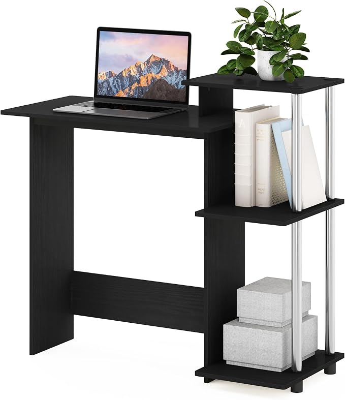 Furinno EFFICIENT Desk, 28.6" Wide Gaming Desk with 3 Open Side Shelves, Laptop Notebook Computer Desk, Office Desk for Home Office, Study Room, Dorm, Bedroom, Americano/Stainless Steel by Furinno-FitsYourSpaceFitsYourBudget