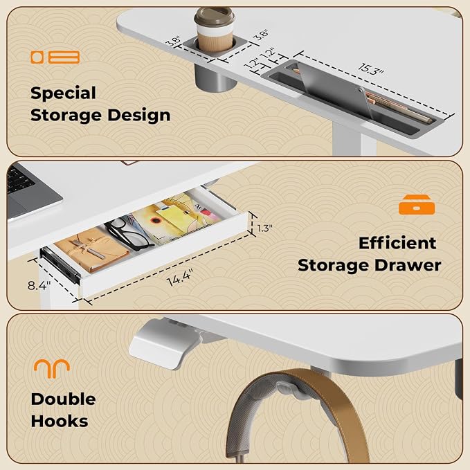 40"×24" Mobile Standing Desk with Drawer, Cup Holder & Hooks | Height Adjustable Portable Desk on Wheels, Small Computer Desk, Rolling Laptop Cart for Home Office, Classroom, White - Image 6
