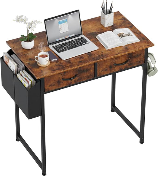 OLIXIS 32 Inch Small Desk, Computer Desk, Fabric Drawers | Side Bag, Headphone Hook, Work Table for Home Office Bedroom, Gaming, Brown by OLIXIS