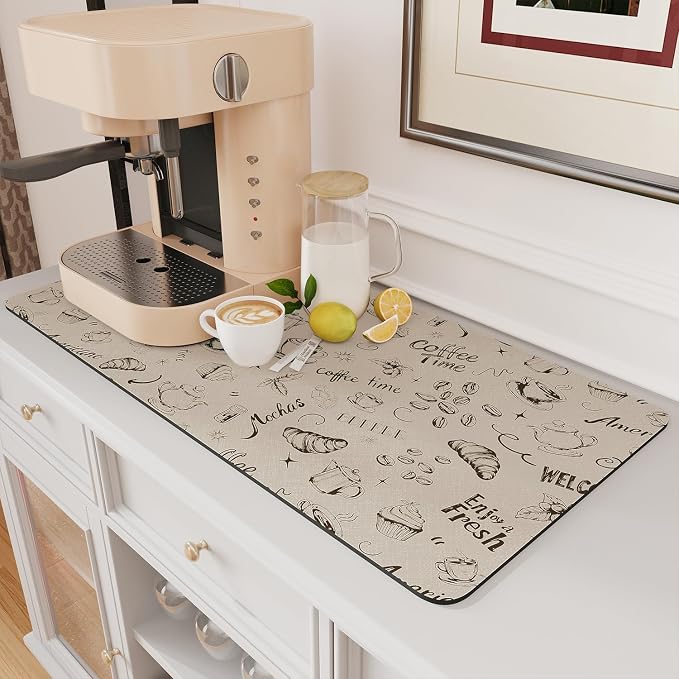 AMOAMI Coffee Mat Hide Stain Rubber Backed Absorbent Dish Drying Mat for Kitchen Counter - Fits Under Coffee Maker & Espresso Machine (17X31.5, MILK TEA) by AMOAMI