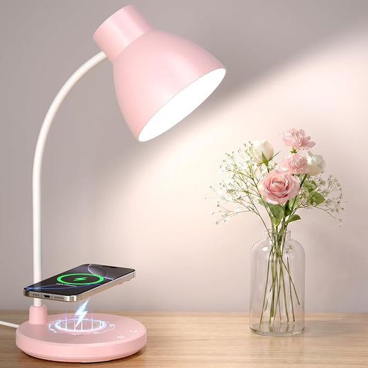 LED Desk Lamp for Home Office with Wireless Charger, Pink | 3 Color Modes Dimmable Eye-Caring Study Reading Dorm Desk Lamp, 360° Flexible Arm Table Lamp for College Dorm Room, 800 Lumen by Vicsoon