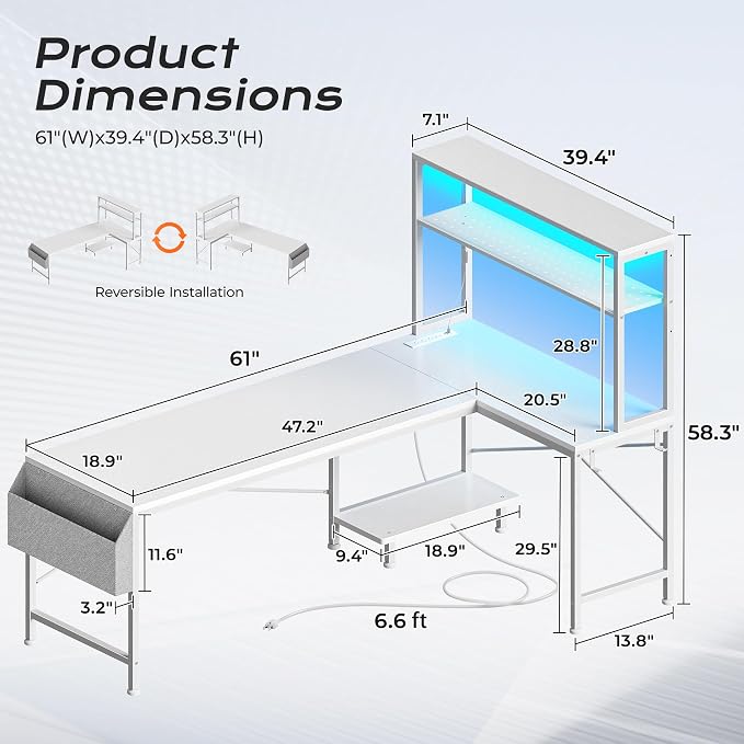 PRAISUN L Shaped Gaming Desk with LED Lights & Power Outlets, Reversible Computer Desk with Storage Shelves & Bag, Large Corner Home Office Desk with Pegboard for Work from Home, White - Image 2