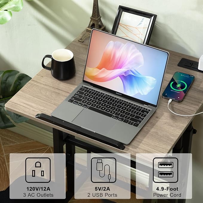 Hadulcet Mobile Standing Desk Adjustable Height with Charging Station | Standing Computer Desk, Standing Adjustable Laptop Cart with Wheels for Home Office Classroom Light Grey - Image 4