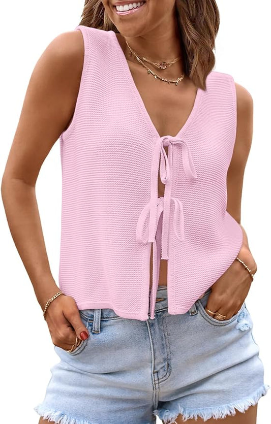 LILLUSORY Womens Tie Front Tops Vacation Sweater Vest | Bohemian Style, Beach Resort Wear, Concert Western Outfits, Crochet Tops, Vacation Outfits, Cute Y2k Sleeveless 2026 by Lillusory