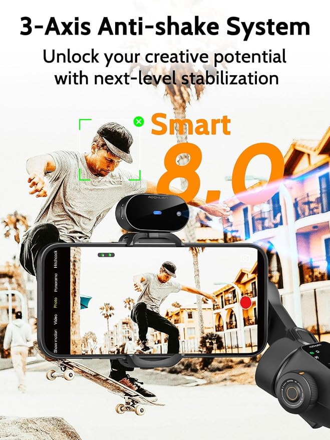 AOCHUAN 3-Axis Gimbal Stabilizer for iPhone & Android,NO APP AI Tracking,7.8' Built-in Extension Rod,Phone Stabilizer for Video Recording,OLED Display,Trigger Button,Sport,Vlogging(Smart V8 AI Black) - Image 3