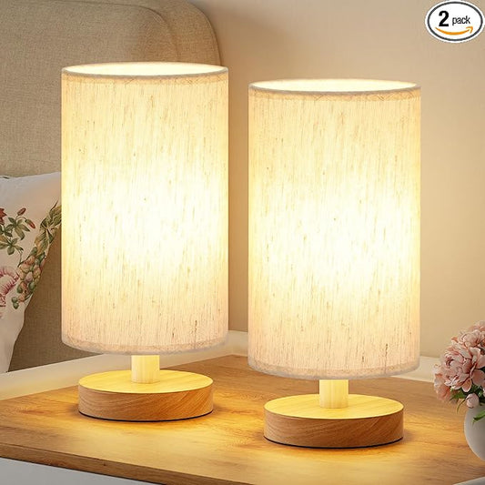 Fenmzee Small Lamps Set of 2 (Cream Shade - Wood Base, 9" Inline Control) | Two 3000K LED Blubs Included | 680 Lumens | Easy Assembly | Minimalist Design | E26 | for Kitchen | for Kids Room by Fenmzeelighting