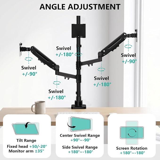 WALI Triple Monitor Mount, up to 49'' Ultrawides on Top Bracket and 34'' Screens on Side Brackets, Extra Tall 3 Monitors Desk Mount, Heavy Duty Monitor Arm up to 44 lbs (GSDM003N-P), Black - Image 3