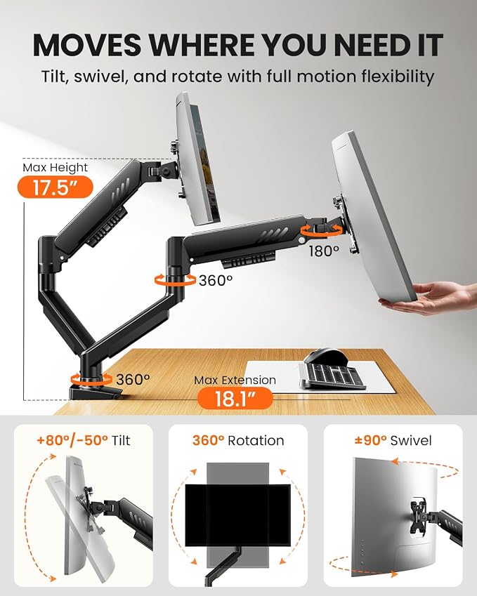 ErGear Dual Monitor Arm, Full Adjustable Monitor Mount for 13–32″ Screens, Fast Install Computer Monitor Stand with Tool-Free VESA Mount, Max Load 19.8 lbs, Max VESA 100x100mm - Image 4