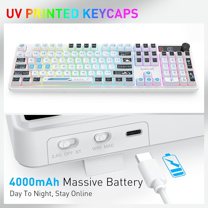 Redragon K526 PRO Wireless RGB Membrane Gaming Keyboard, LED Screen & Knob | See Battery, Mode & Time at a Glance, 0-Delay Tri-Mode, One-Touch Backlit & Media Adjust, 26-Key Anti-Ghost for Combo-Strike - Image 6