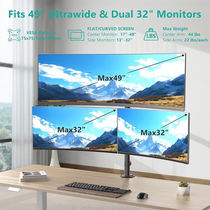 WALI Triple Monitor Mount for up to 49 inch Ultrawides on Top Bracket and 32 inch Screens on Side Brackets, Extra Tall 3 Monitors Desk Mount, Heavy Duty Monitor Arm up to 44 lbs (M003-P), Black - Image 2
