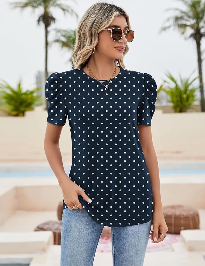 Ivicoer Puff Short Sleeve Shirt for Women Eyelet Tops Summer Crewneck Blouse Loose Fit S-XXL - Image 2