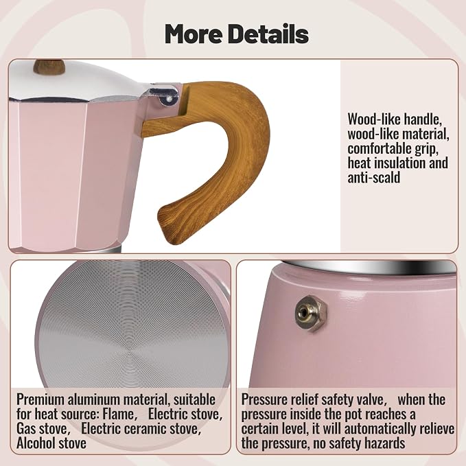 6 Cup Aluminum Moka Pot Classic Stovetop Espresso Coffee Maker 300ml 10oz Coffeemaker Percolator Mocha Pot Greca Coffee Maker Cafe Makers for Italian and Cuban Café Brewing Pink - Image 5