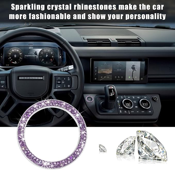Kewucn 2 PCS Bling Crystal Double Rhinestone Car Engine Start Decoration Ring, Sparkling Push Start Button Sticker, Key Ignition & Knob Ring Decoration, Bling Car Interior Accessory(Purple) - Image 5