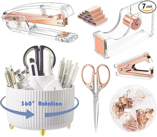Gawsey Rose Gold Desk Organizers and Accessories with Desk Organizer 360° Rotating Pen Holder and Office Supplies, Cute Stationery Supplies Set by Gawsey