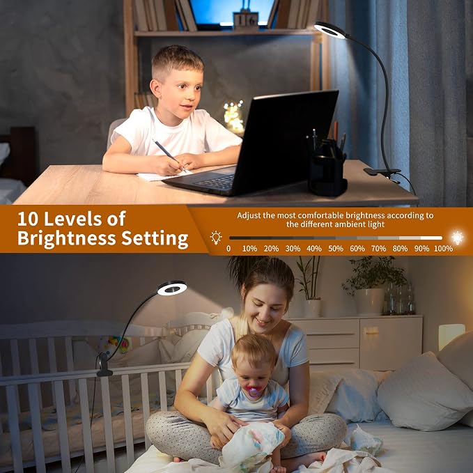 iZELL Desk Lamp, [3 Color Modes & 10 Brightness] LED Reading Light with Clamp, Silicone Flexible Arm Book Light for Kids Reading Book in Bed at Night Clip on Table, Headboard, Dorm - 15.8‘’ Black - Image 3