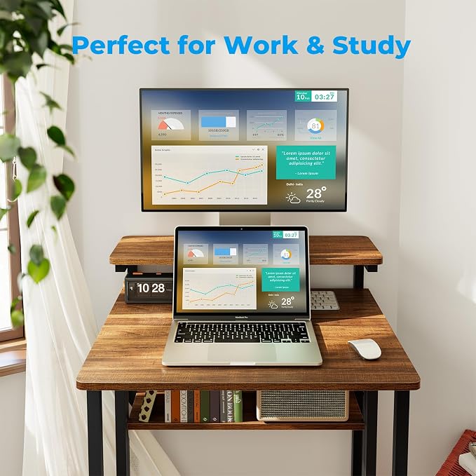GreenForest Folding Desk with Adjustable Monitor Stand, 24.8 in Small Desk | Storage Shelf, Lockable Wheels, Portable, Space Saving, Mobile Rolling Table for Small Spaces, Home Office, Writing, Walnut - Image 7