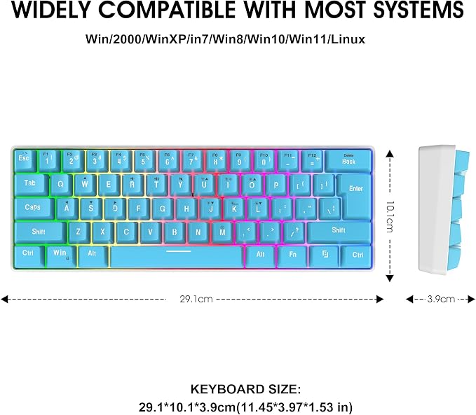 Snpurdiri 60% Wired Gaming Keyboard, 61 Keys RGB (Blue) | Small Ultra-Compact Backlit 60 Percent Gaming Keyboard for PC/Mac Gamer, Typist, Travel, Easy to Carry on Business Trip - Image 7