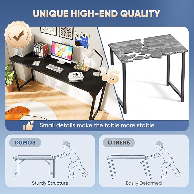 DUMOS 63 Inch Small Computer Desk, Gaming Desks for Home Office Bedroom | Modern Study Writing Work Table, Craft PC Desk Simple Workstation with Reinforcement Structure, Black - Image 7