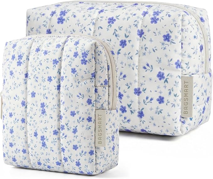 BAGSMART Puffy Makeup Bag Duo Large & Small for Women, Blue Ditsy Floral | Puffy Padded, Travel Cosmetic Organizer with Slip-in Pockets, Large Toiletry Bag & Small Purse Pouch, Travel Essentials by BAGSMART
