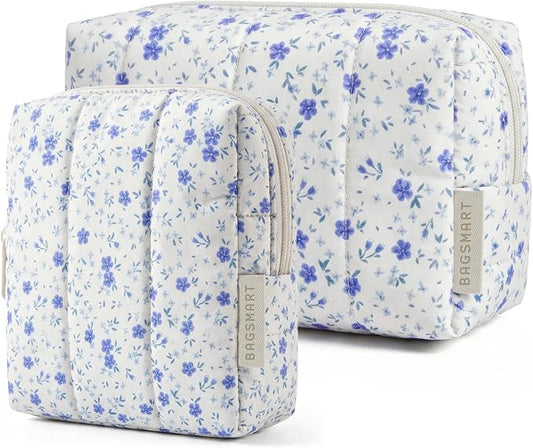 BAGSMART Puffy Makeup Bag Duo Large & Small for Women, Blue Ditsy Floral | Puffy Padded, Travel Cosmetic Organizer with Slip-in Pockets, Large Toiletry Bag & Small Purse Pouch, Travel Essentials by BAGSMART